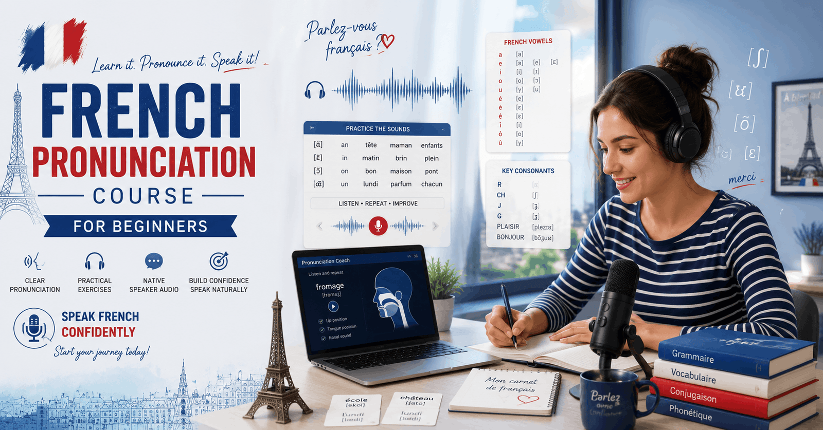 Beginner learning French pronunciation with speech guides, French letters, sounds, and language practice materials.