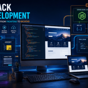 Full Stack Web Development course visual showing front-end code, Node.js server, responsive pages and cloud deployment.