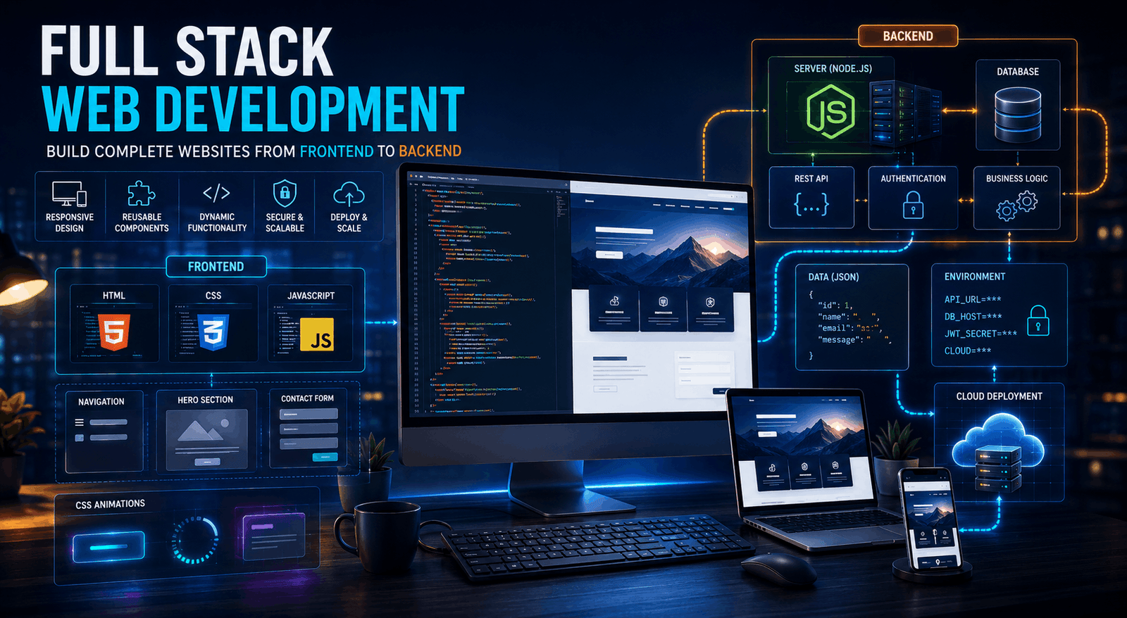 Full Stack Web Development course visual showing front-end code, Node.js server, responsive pages and cloud deployment.
