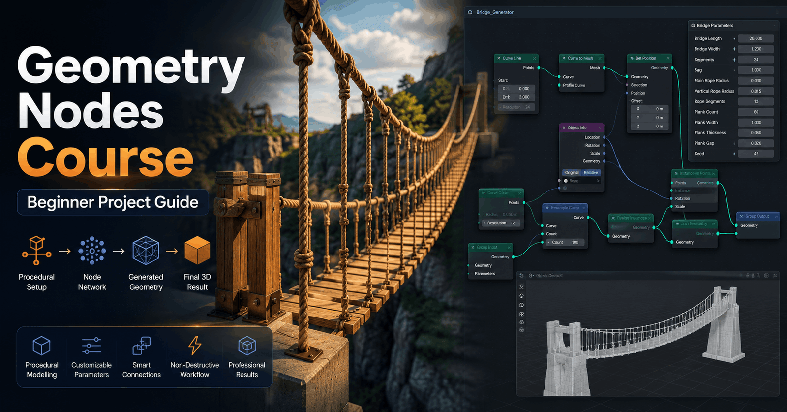 Geometry Nodes Course visual showing a procedural rope bridge model with connected nodes, ropes, wood and materials.
