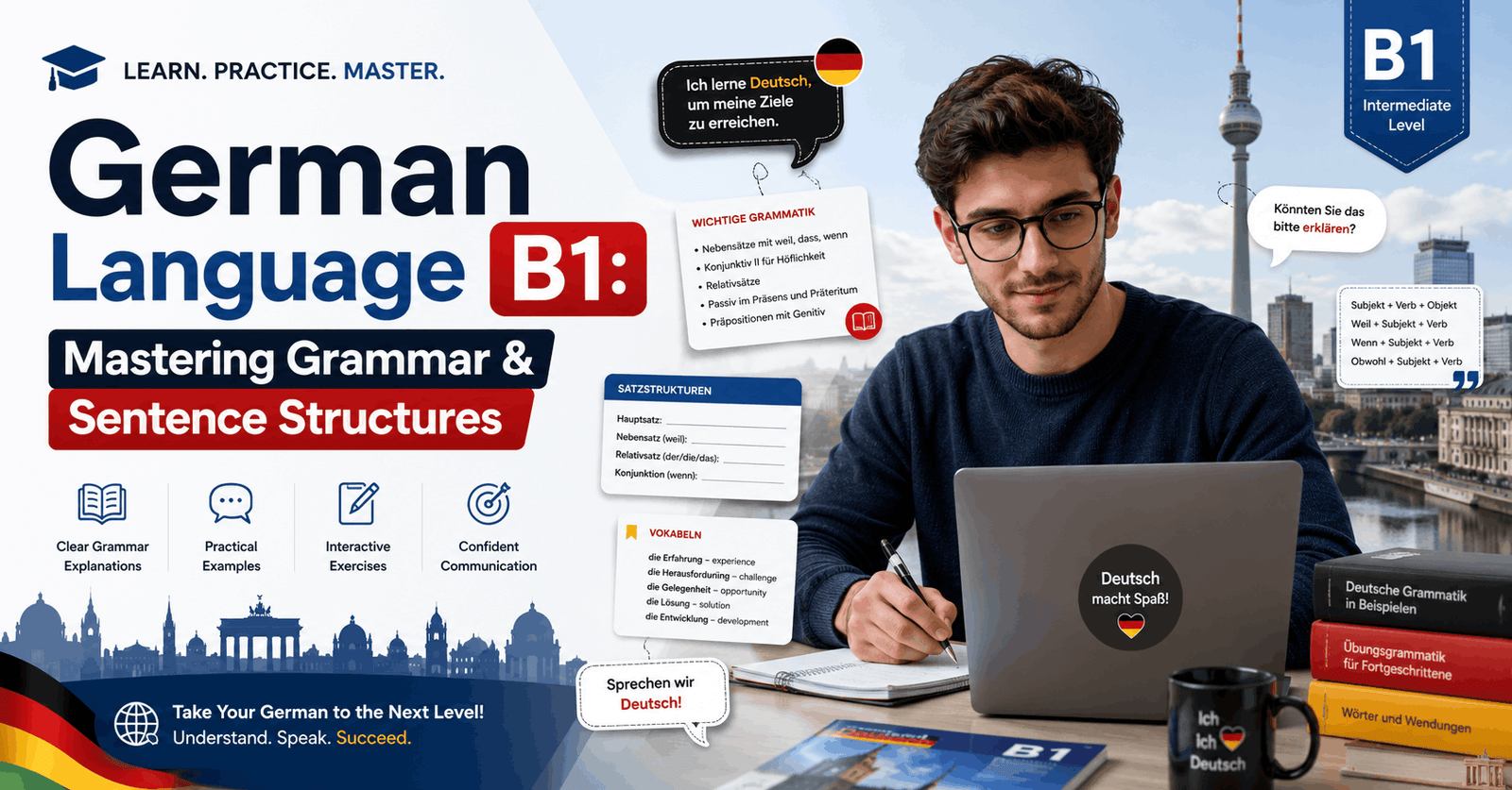 German Language B1 course covering grammar, sentence structures, cases, and Konjunktiv for intermediate learners
