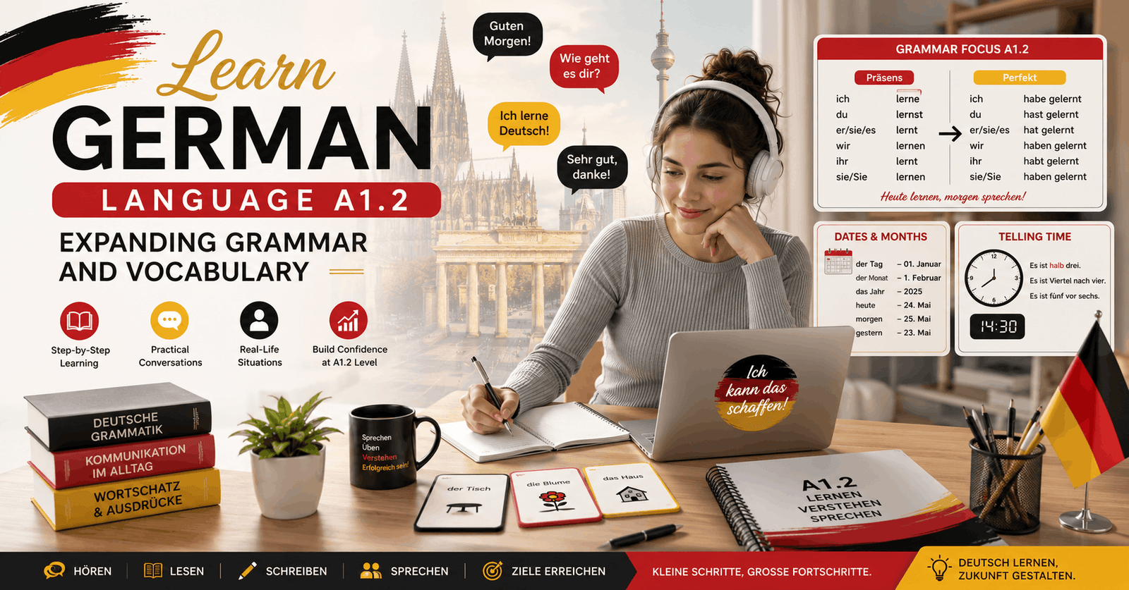 German language course A1.2 featuring grammar lessons, vocabulary building, and structured language practice