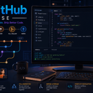 Git and GitHub Course visual showing repositories, commits, branches, merges, pull requests and collaborative version control
