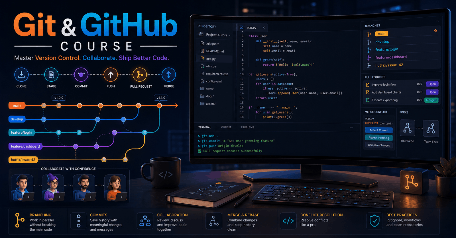 Git and GitHub Course visual showing repositories, commits, branches, merges, pull requests and collaborative version control
