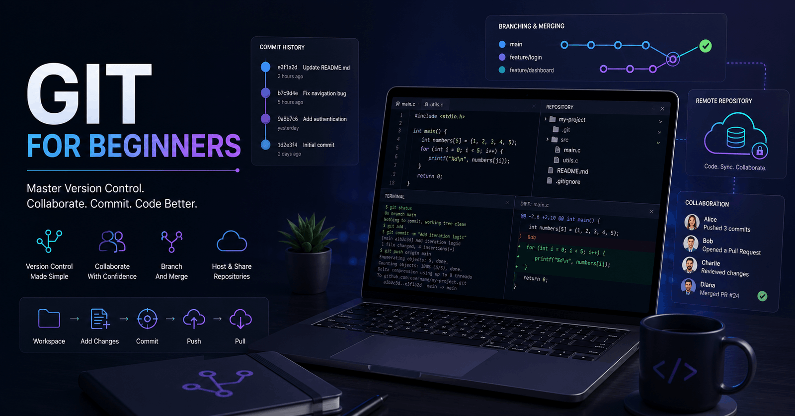 Git for Beginners course showing version control, coding workflow and GitHub collaboration concepts.