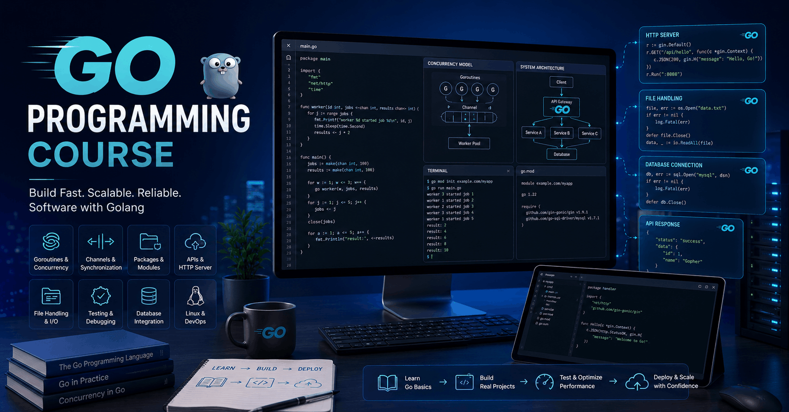 Go Programming Course visual showing Golang code, concurrency concepts, development tools, and software architecture.