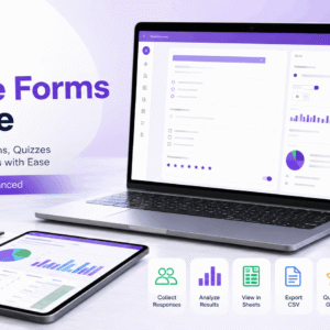 Google Forms Course visual showing online forms, quiz questions, response data, grading and digital survey management.