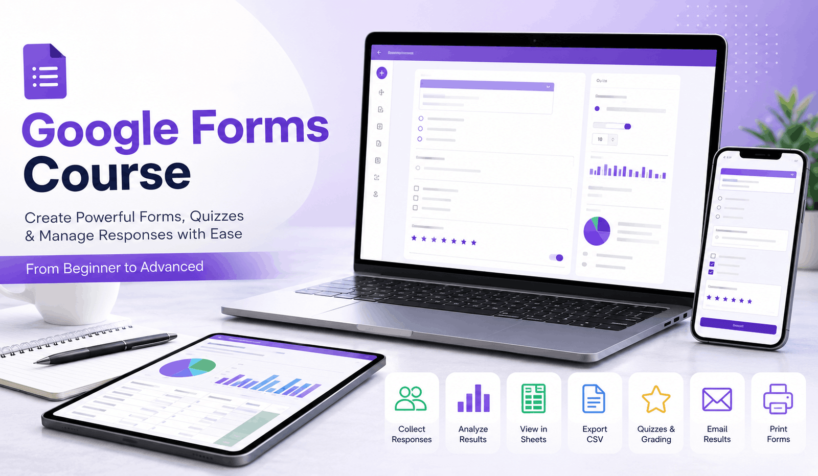 Google Forms Course visual showing online forms, quiz questions, response data, grading and digital survey management.