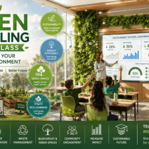 Green schooling course showing eco-friendly school environment, students, plants, and sustainability practices