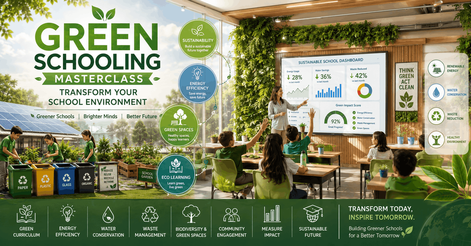 Green schooling course showing eco-friendly school environment, students, plants, and sustainability practices