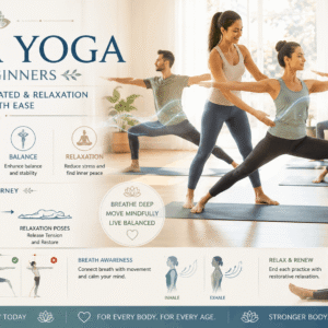 Hatha yoga course showing beginners practicing standing, seated, and relaxation poses in calm studio environment