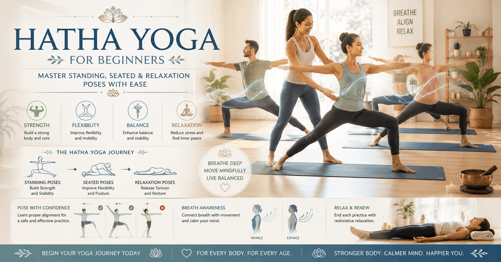 Hatha yoga course showing beginners practicing standing, seated, and relaxation poses in calm studio environment