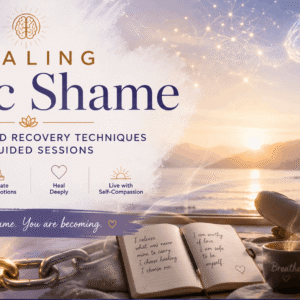 Healing Toxic Shame course banner showing emotional recovery, mindfulness, brain healing, and guided therapeutic transformation