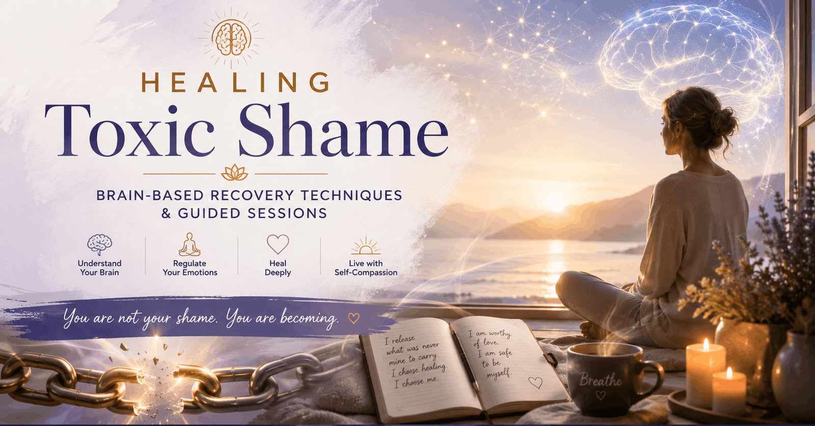 Healing Toxic Shame course banner showing emotional recovery, mindfulness, brain healing, and guided therapeutic transformation
