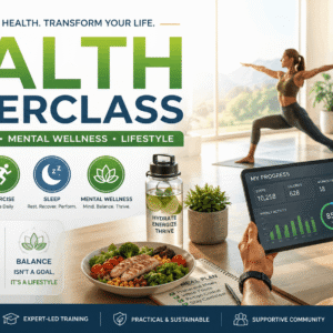 Professional educational banner for Health Masterclass showing diet, exercise, and motivation for healthy lifestyle transformation