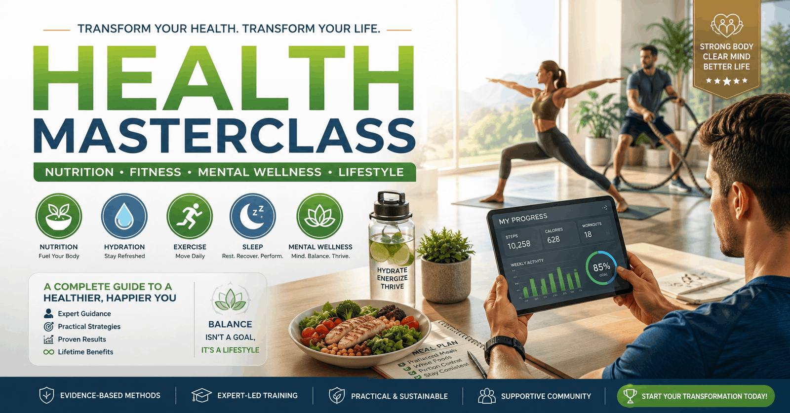 Professional educational banner for Health Masterclass showing diet, exercise, and motivation for healthy lifestyle transformation