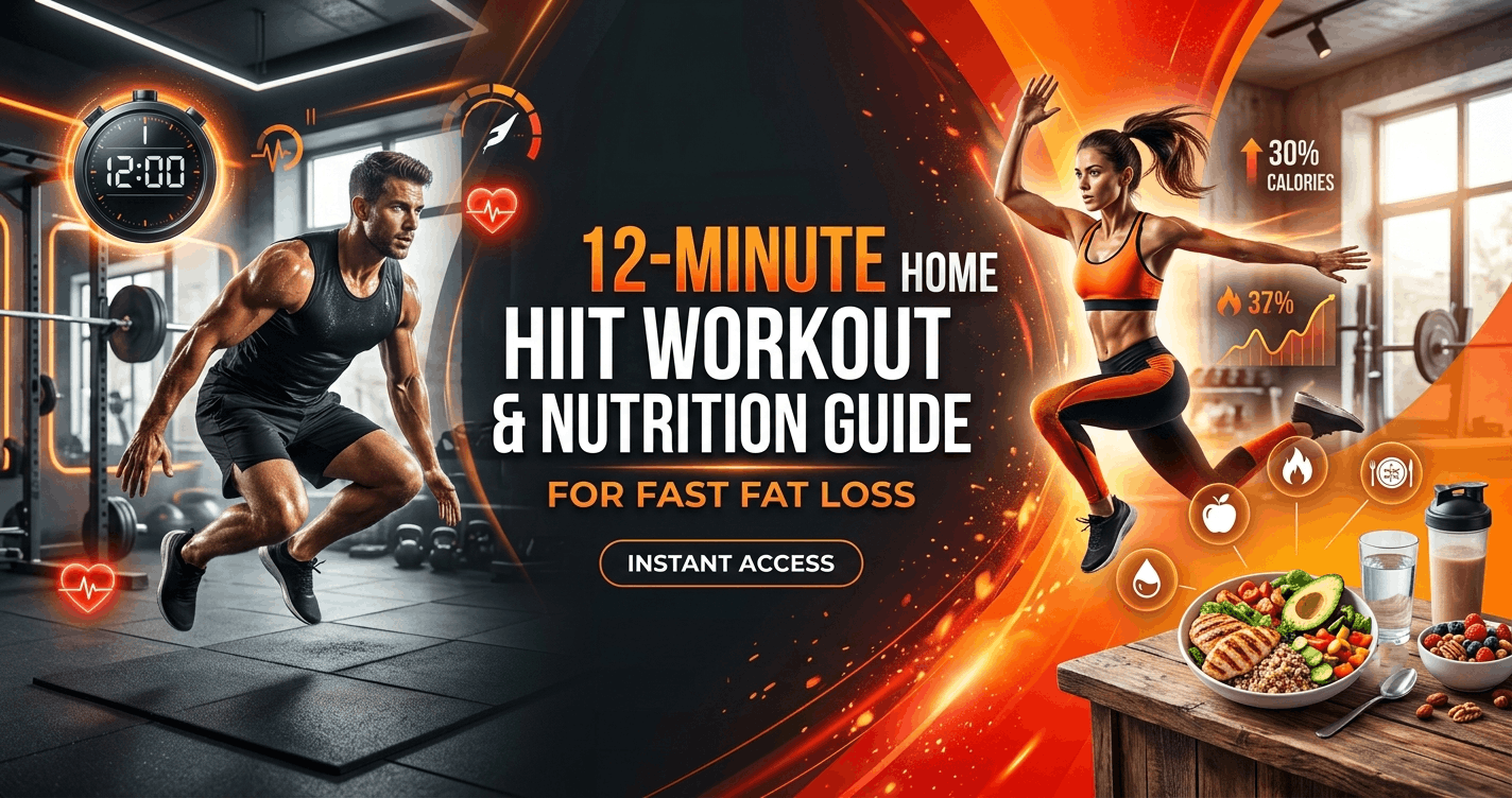 Home HIIT Workout course banner showing fat loss exercises, fitness training, and nutrition planning at home