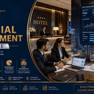 Hotel managers reviewing reports and analytics in a hotel financial management training environment