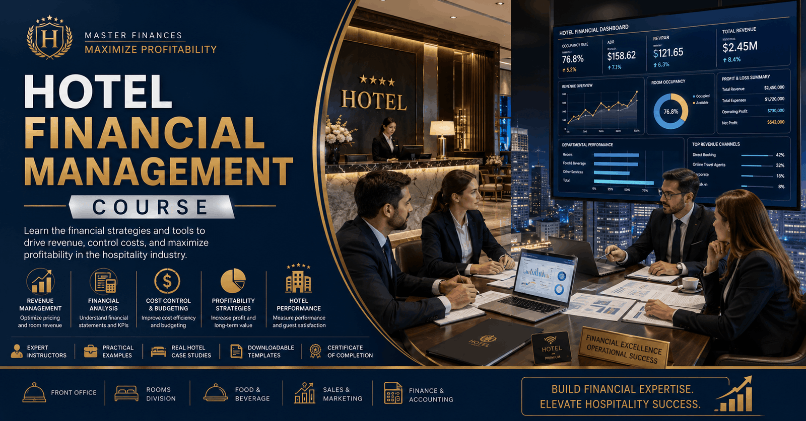 Hotel managers reviewing reports and analytics in a hotel financial management training environment