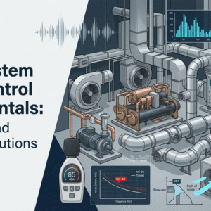 HVAC Noise Control course banner showing ducts, fans, acoustic analysis, and noise reduction engineering concepts