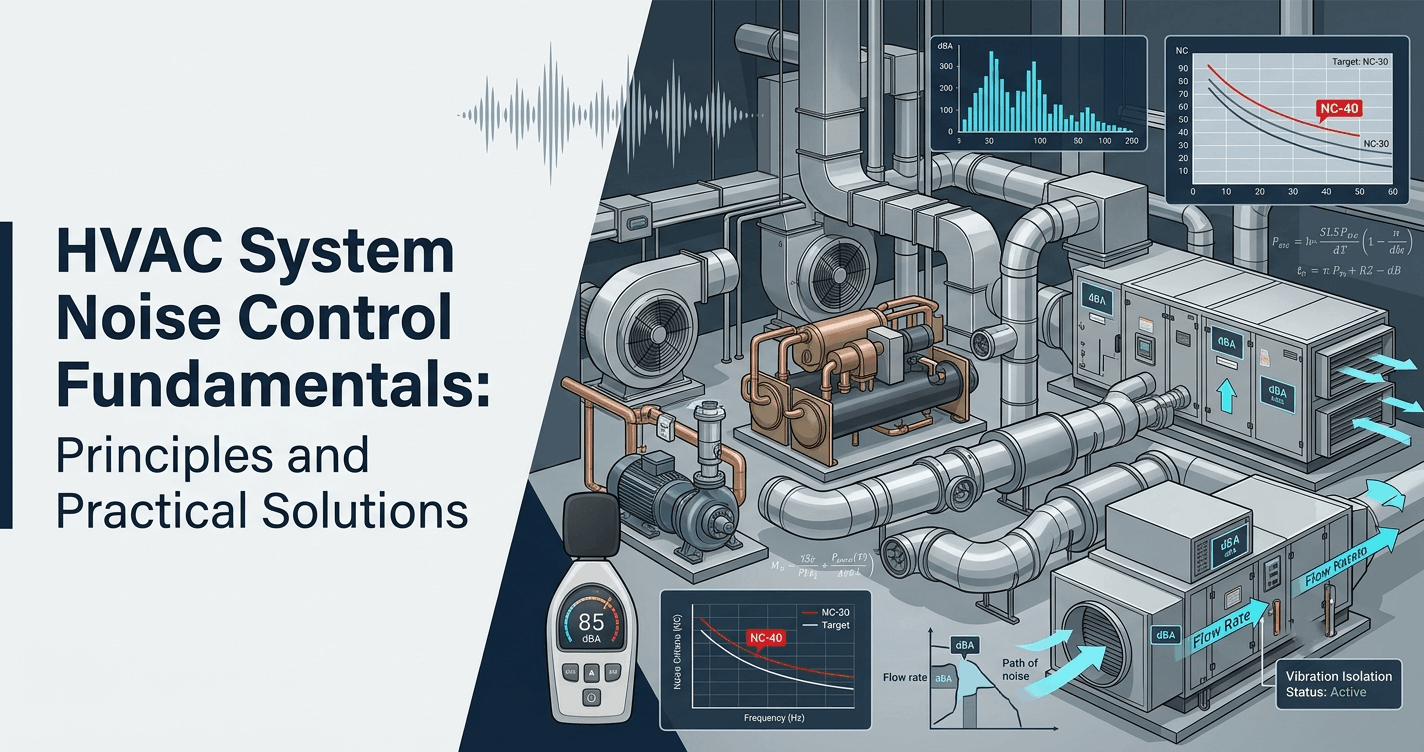 HVAC Noise Control course banner showing ducts, fans, acoustic analysis, and noise reduction engineering concepts