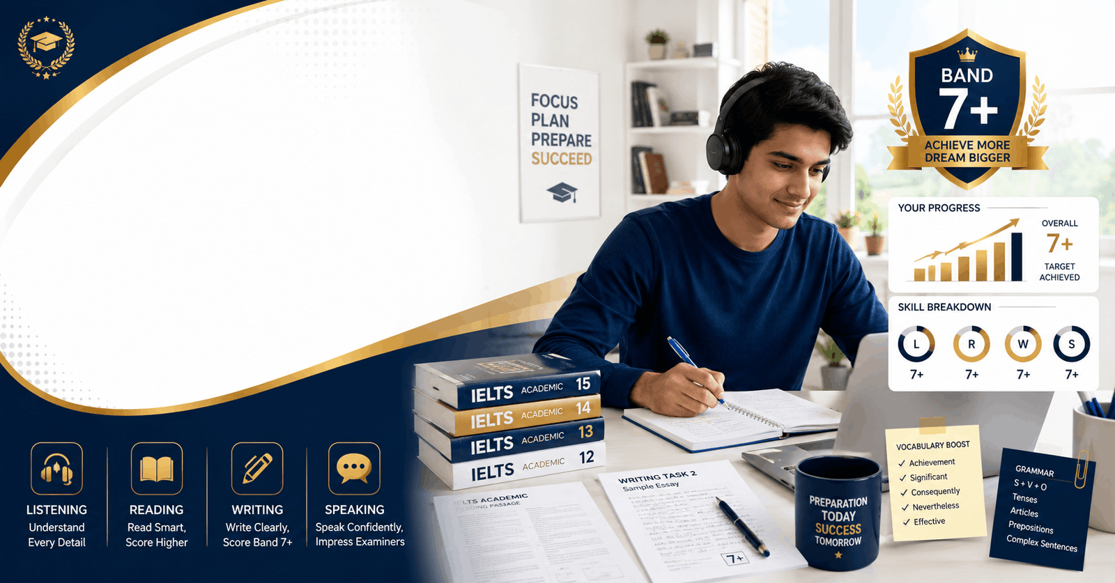IELTS Academic course banner showing listening, reading, writing, and speaking exam preparation