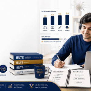 IELTS Band 9 course banner showing student preparation for listening, reading, writing, and speaking tests