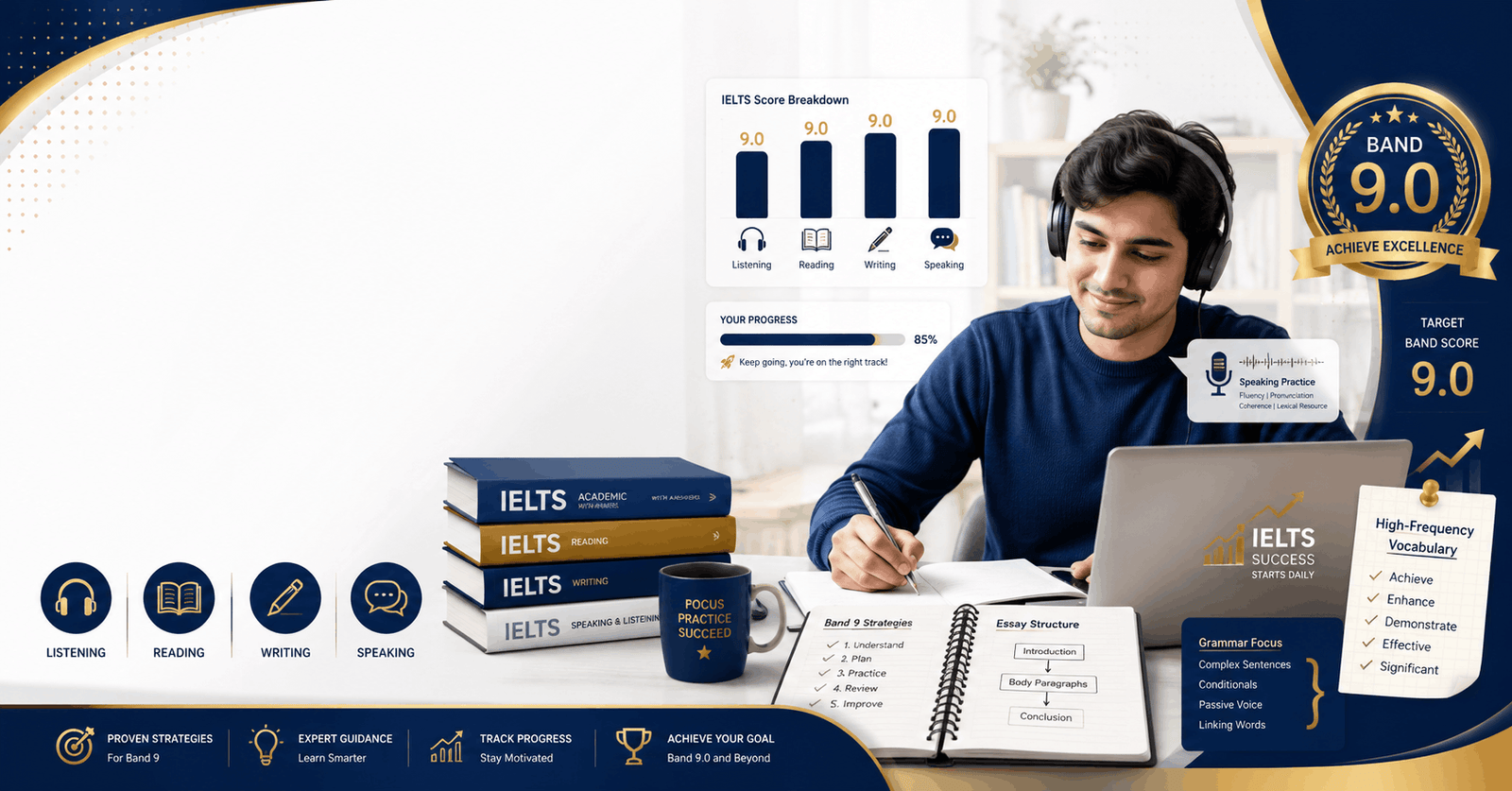 IELTS Band 9 course banner showing student preparation for listening, reading, writing, and speaking tests