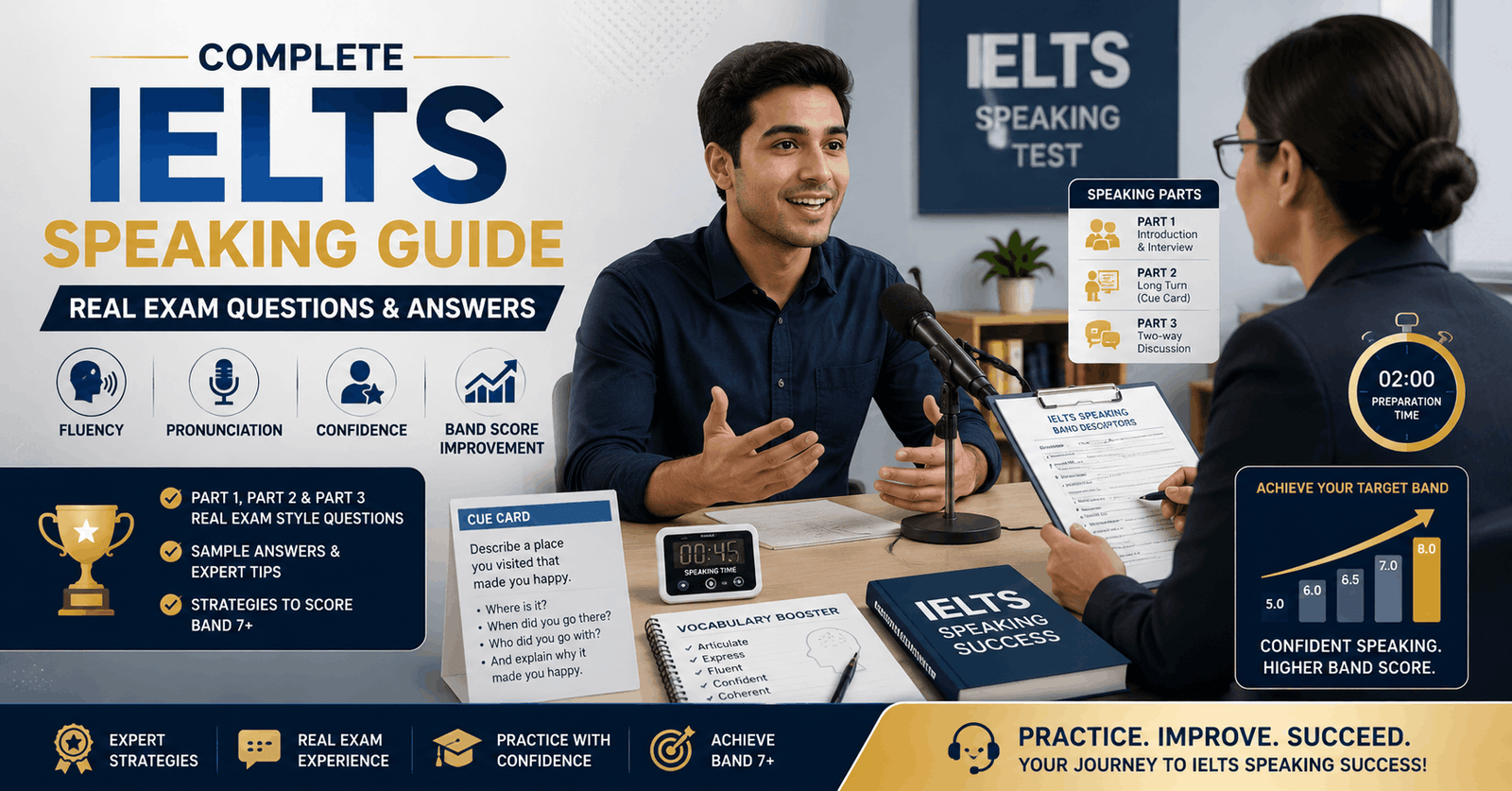 IELTS Speaking Guide course banner showing speaking exam practice, interview preparation, and model answer learning