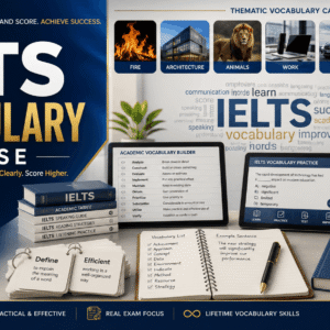Professional educational banner for IELTS Vocabulary Course showing academic word learning for exam preparation and success