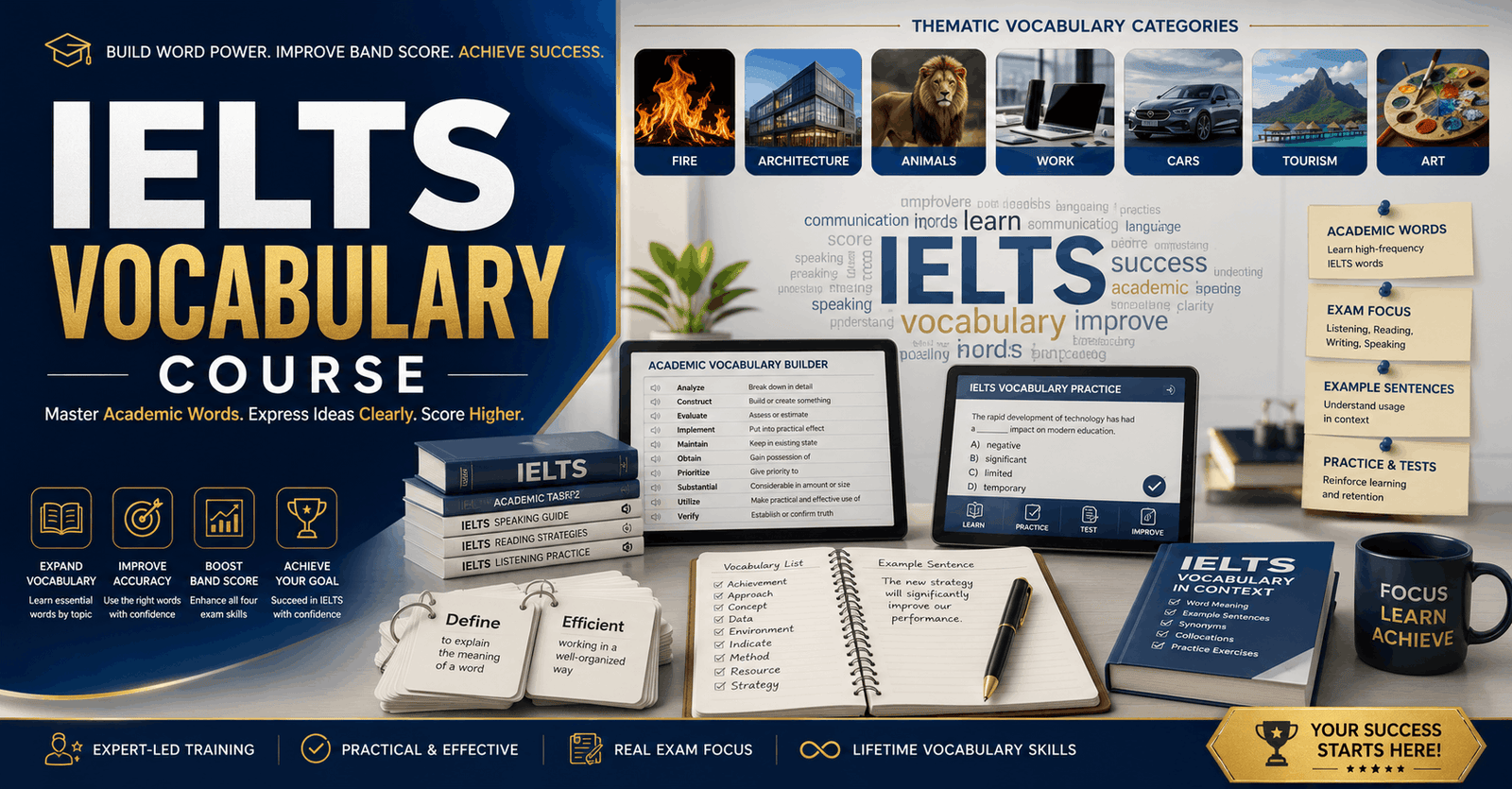 Professional educational banner for IELTS Vocabulary Course showing academic word learning for exam preparation and success