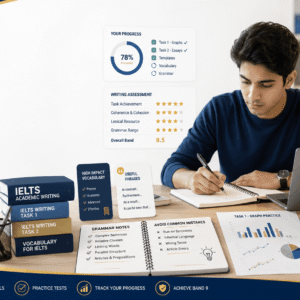 IELTS Writing Mastery course banner showing Task 1 and Task 2 writing strategies and exam preparation