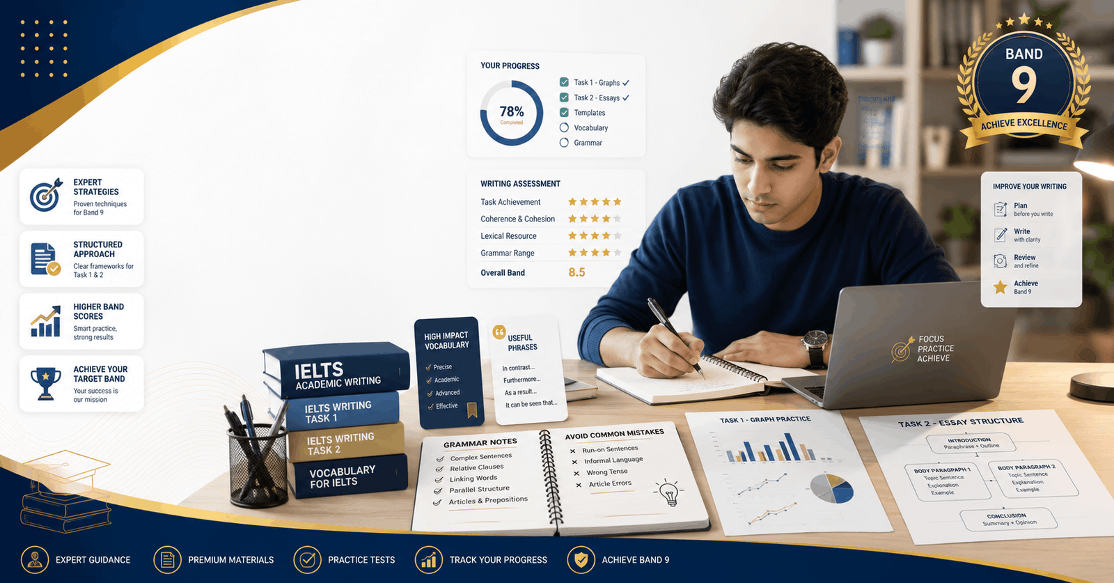 IELTS Writing Mastery course banner showing Task 1 and Task 2 writing strategies and exam preparation