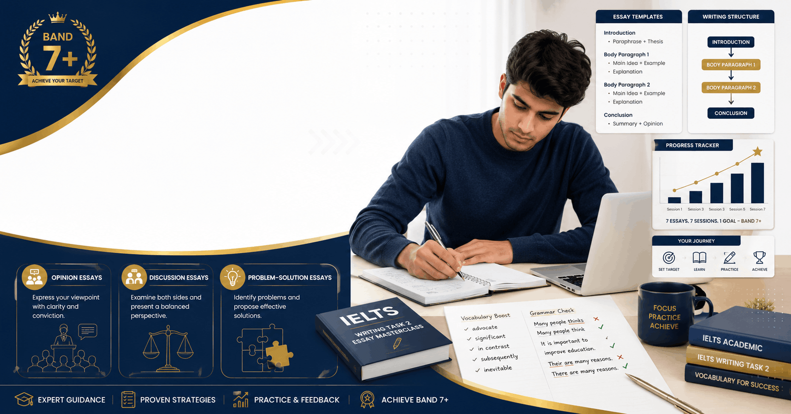 IELTS Writing Task 2 course banner showing essay writing strategies, templates, and exam preparation