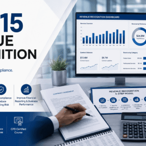 Accounting professionals reviewing IFRS 15 Revenue Recognition reports, contracts, and financial compliance dashboards
