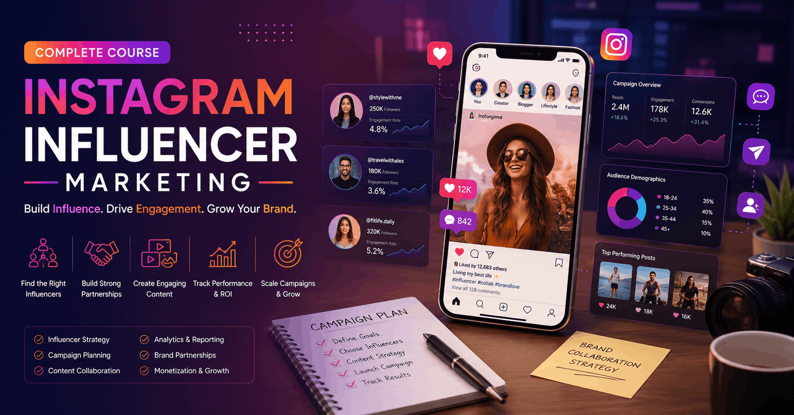 Instagram Influencer Marketing course showing brand collaboration, social media strategy and influencer campaigns.