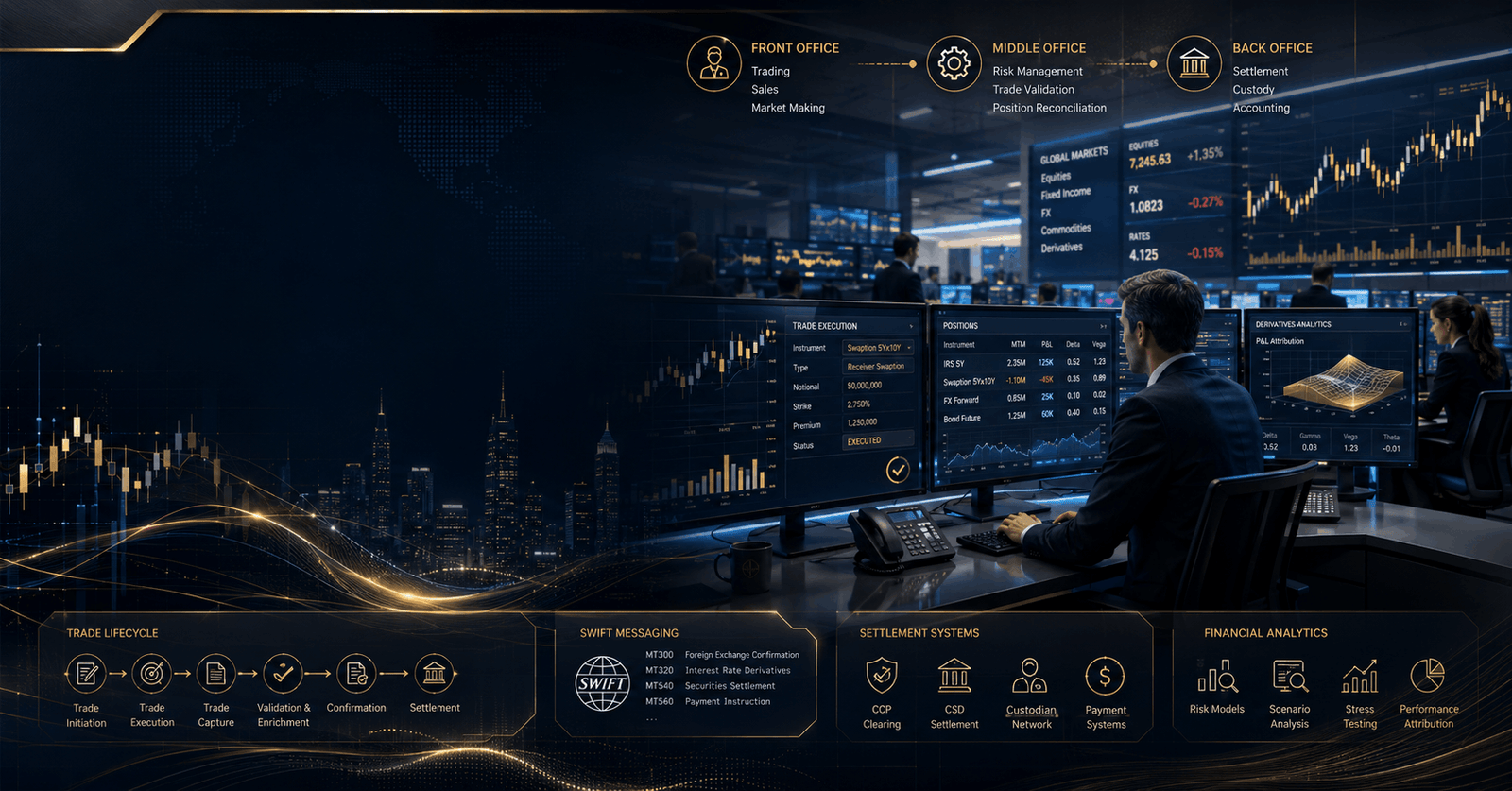 Investment Banking Operations course banner showing trading systems, derivatives, and market workflow analysis
