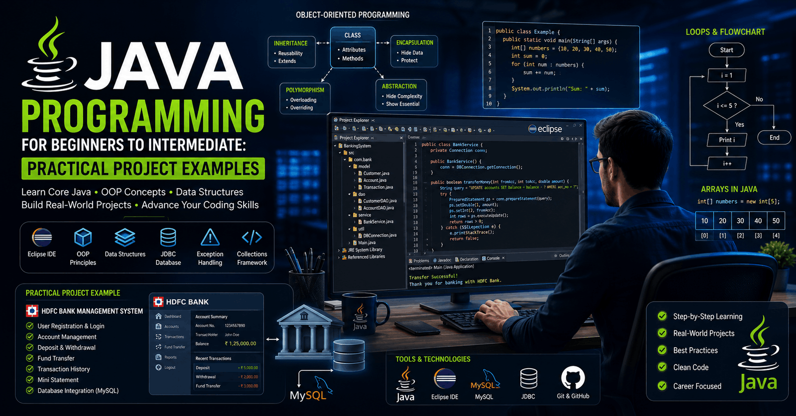 Java programming course showing coding interface, Java IDE, OOP concepts, loops, and project development