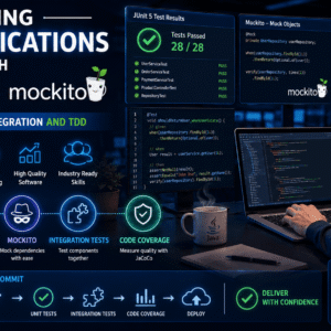 Java testing course showing JUnit, Mockito, Spring Boot testing, and code coverage dashboards on screen