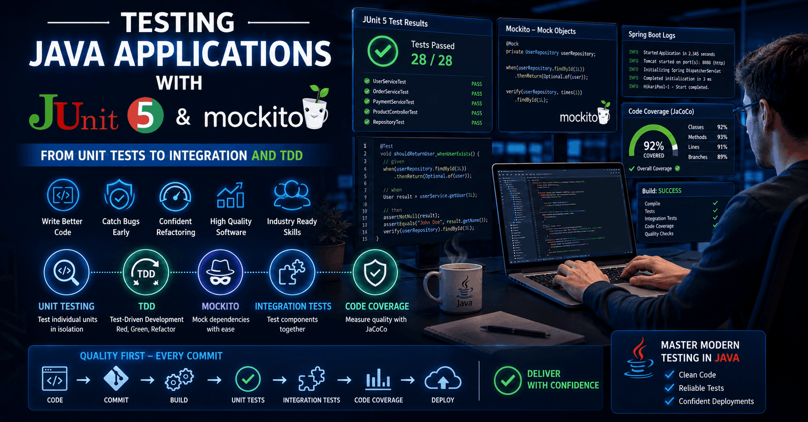 Java testing course showing JUnit, Mockito, Spring Boot testing, and code coverage dashboards on screen