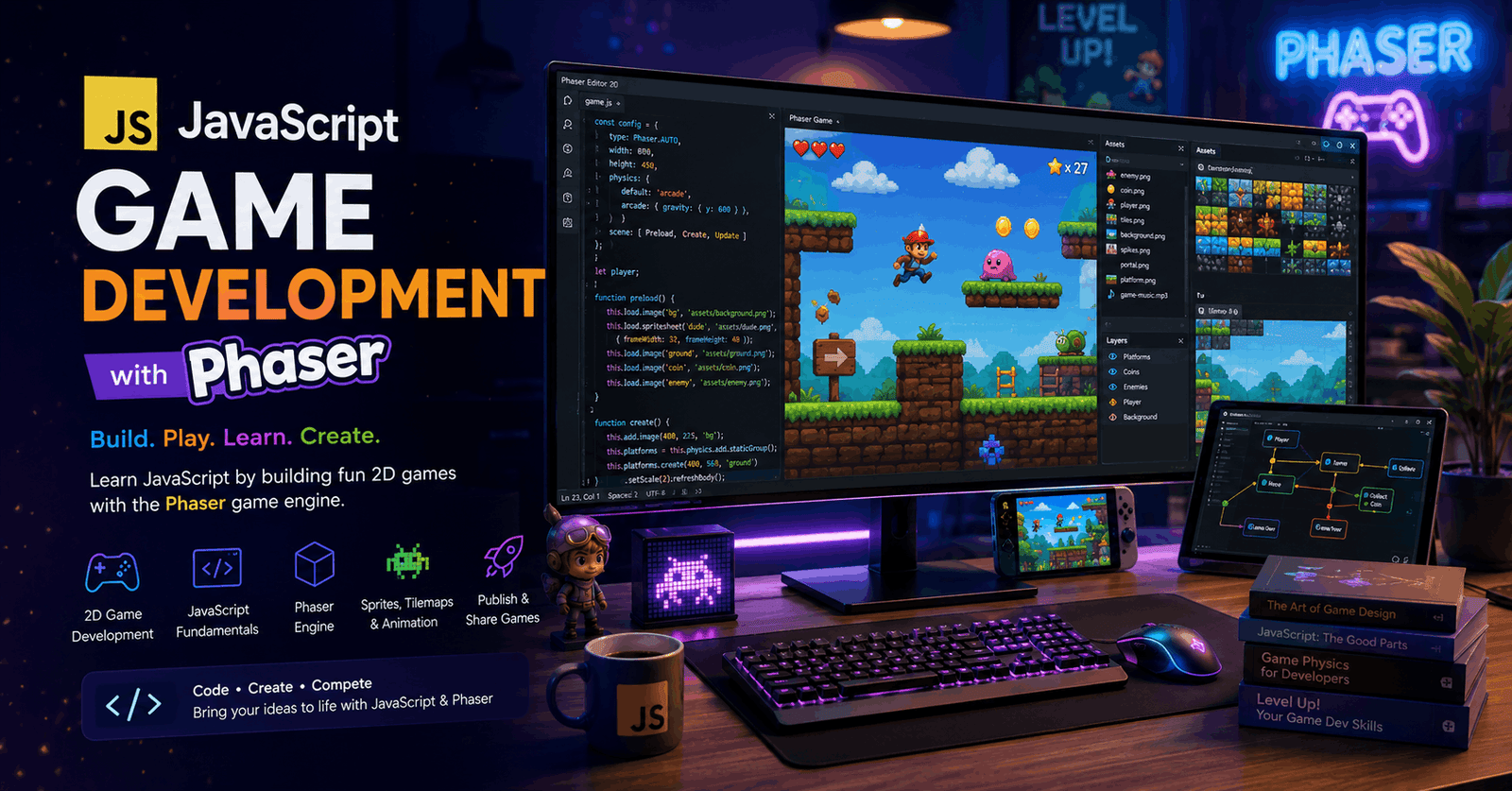 JavaScript Game Development course showing Phaser 2D game scenes, coding tools, characters, animations, and game design elements.