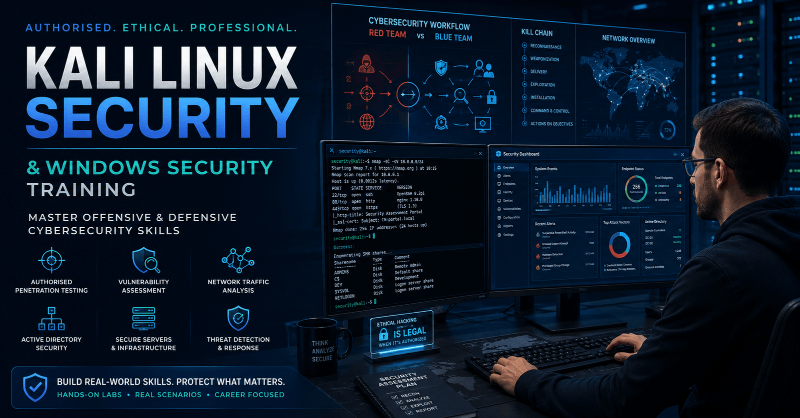 Kali Linux Security training with Windows systems, network analysis, penetration testing and defensive cybersecurity tools