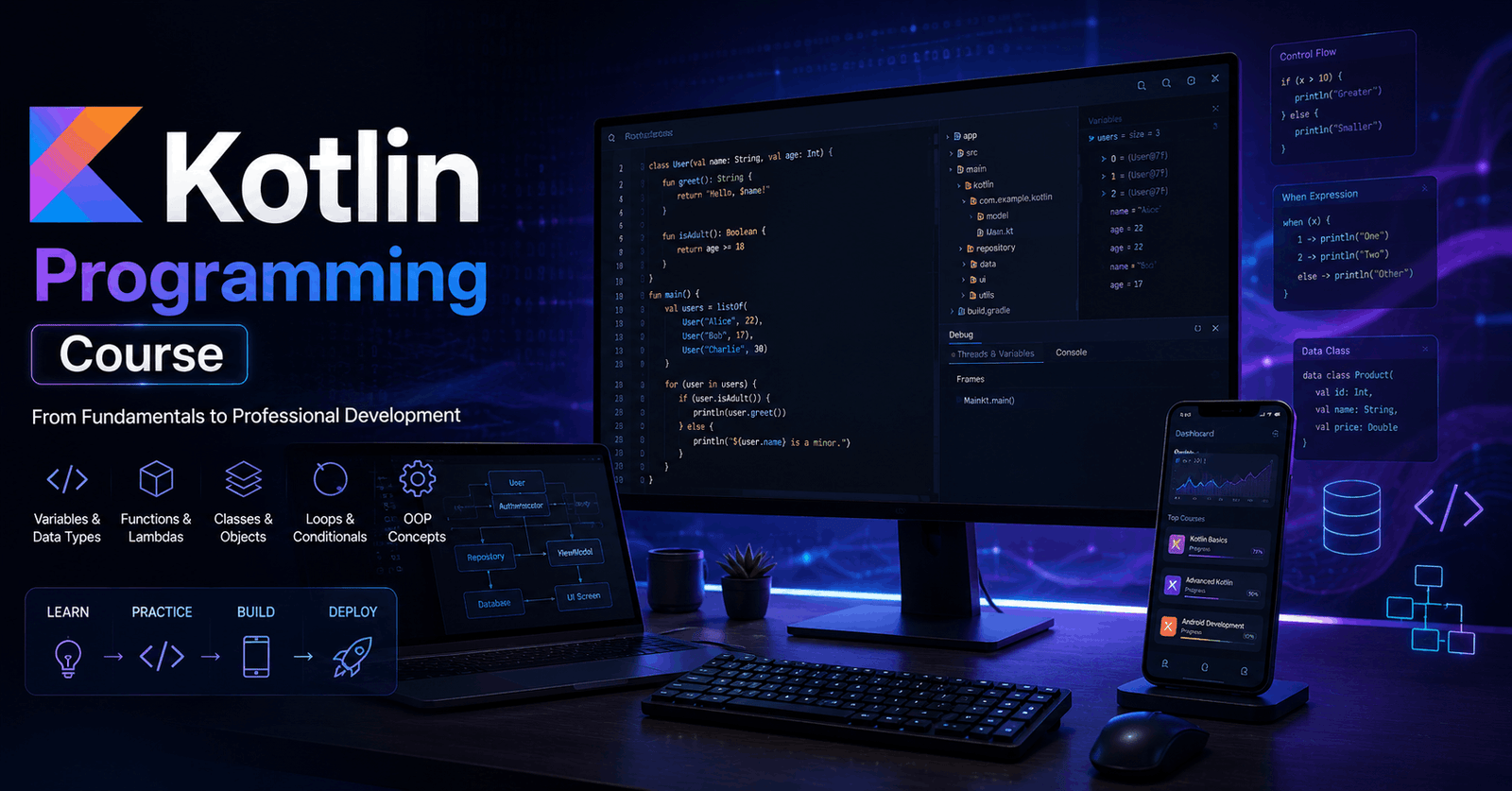 Kotlin Programming Course showing code editor, Kotlin syntax, OOP concepts and software development workflow