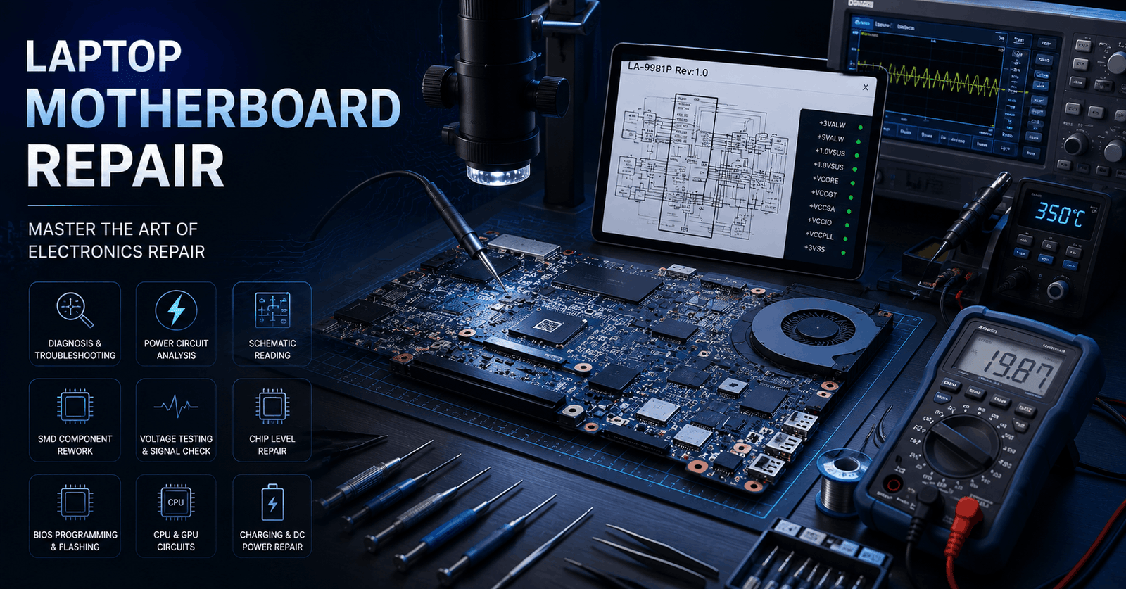 Laptop Motherboard Repair course showing circuit boards, electronic components, diagnostics tools, and repair techniques.