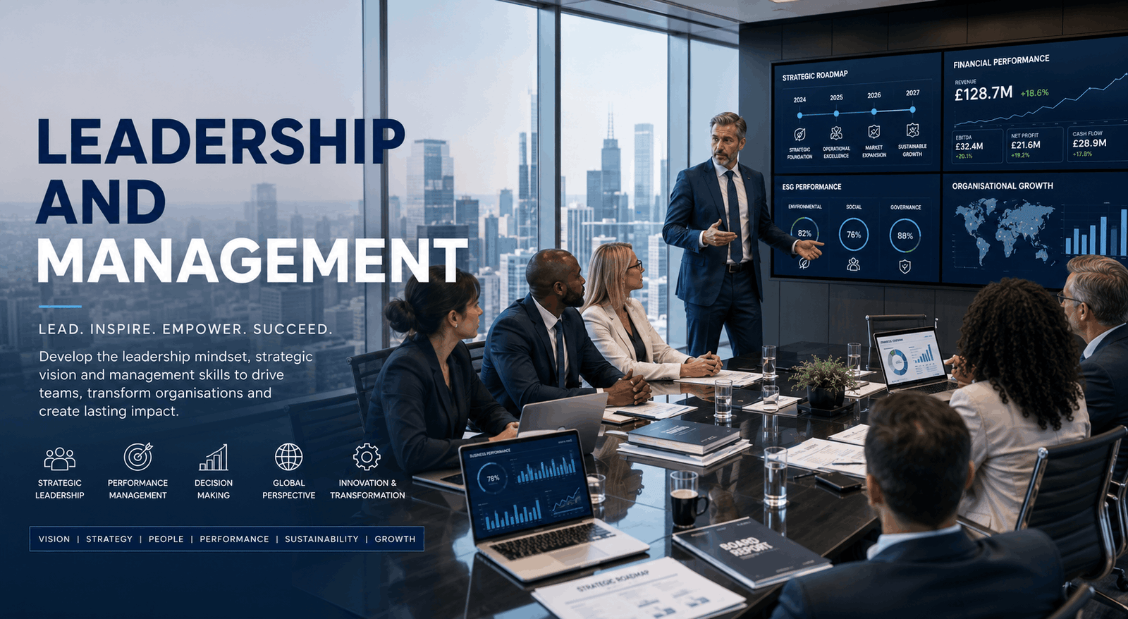 Leadership and Management executive presenting business strategy to senior leaders in a modern corporate boardroom.