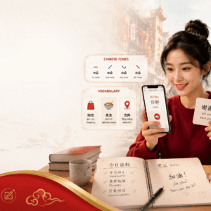 Learn Chinese course banner showing vocabulary, pronunciation, and daily conversation practice