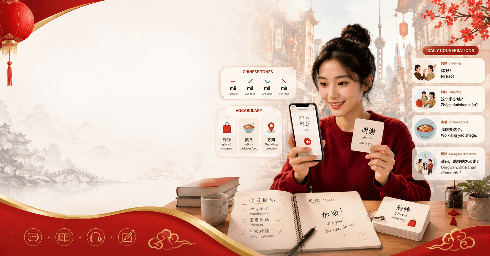 Learn Chinese course banner showing vocabulary, pronunciation, and daily conversation practice