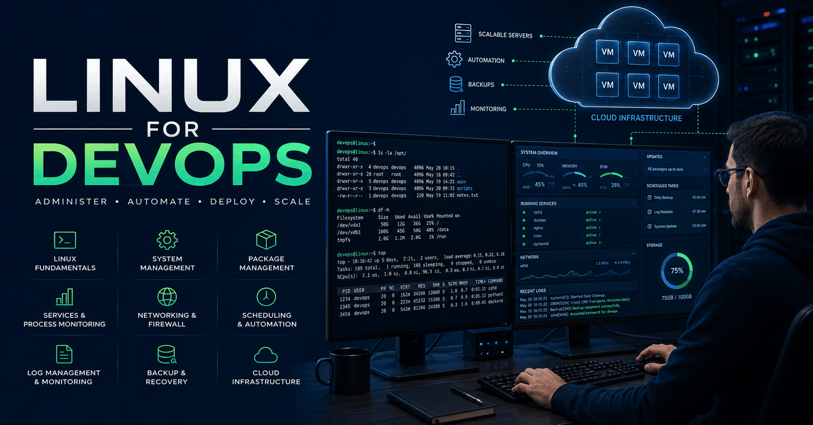 Linux for DevOps training with cloud servers, terminal commands, system monitoring, networking and automation workflows