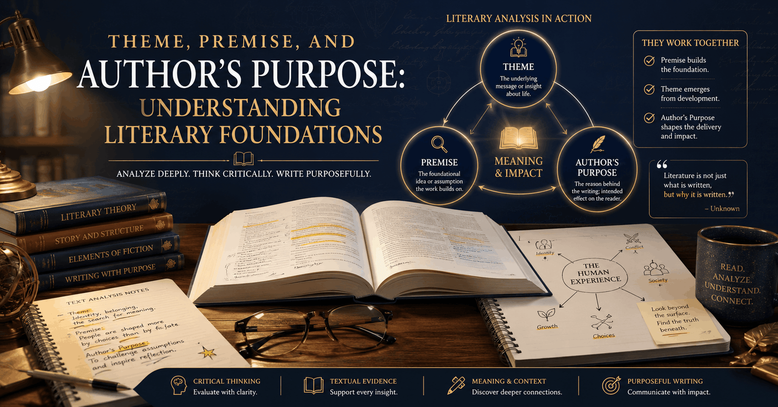 Literary analysis course showing books, notes, and concept diagrams on theme, premise, and author’s purpose