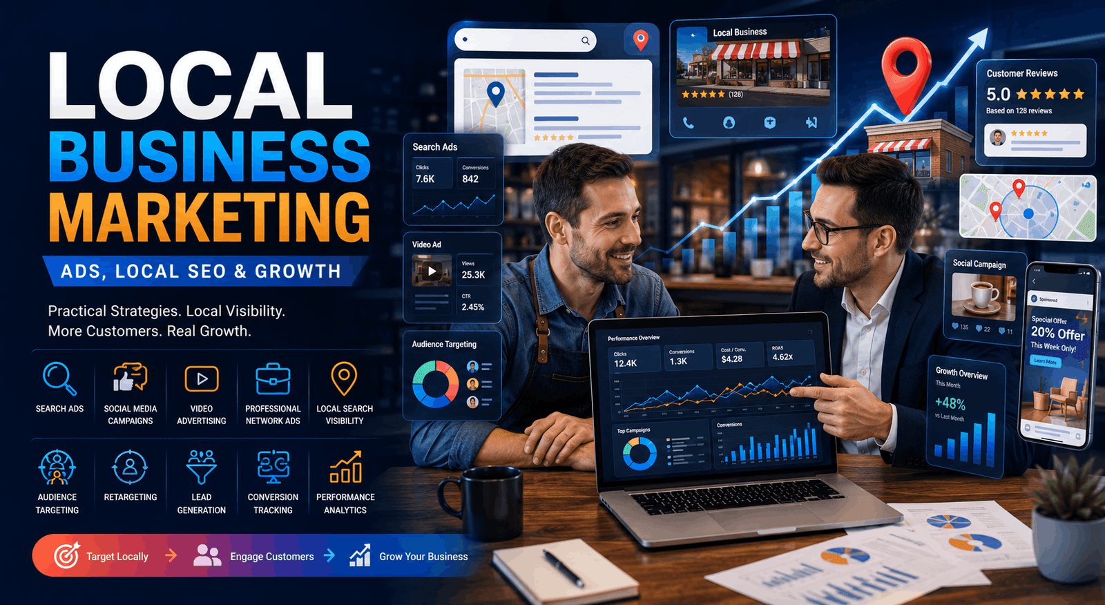 Local Business Marketing course visual showing a business owner managing paid ads, local search and digital campaigns.